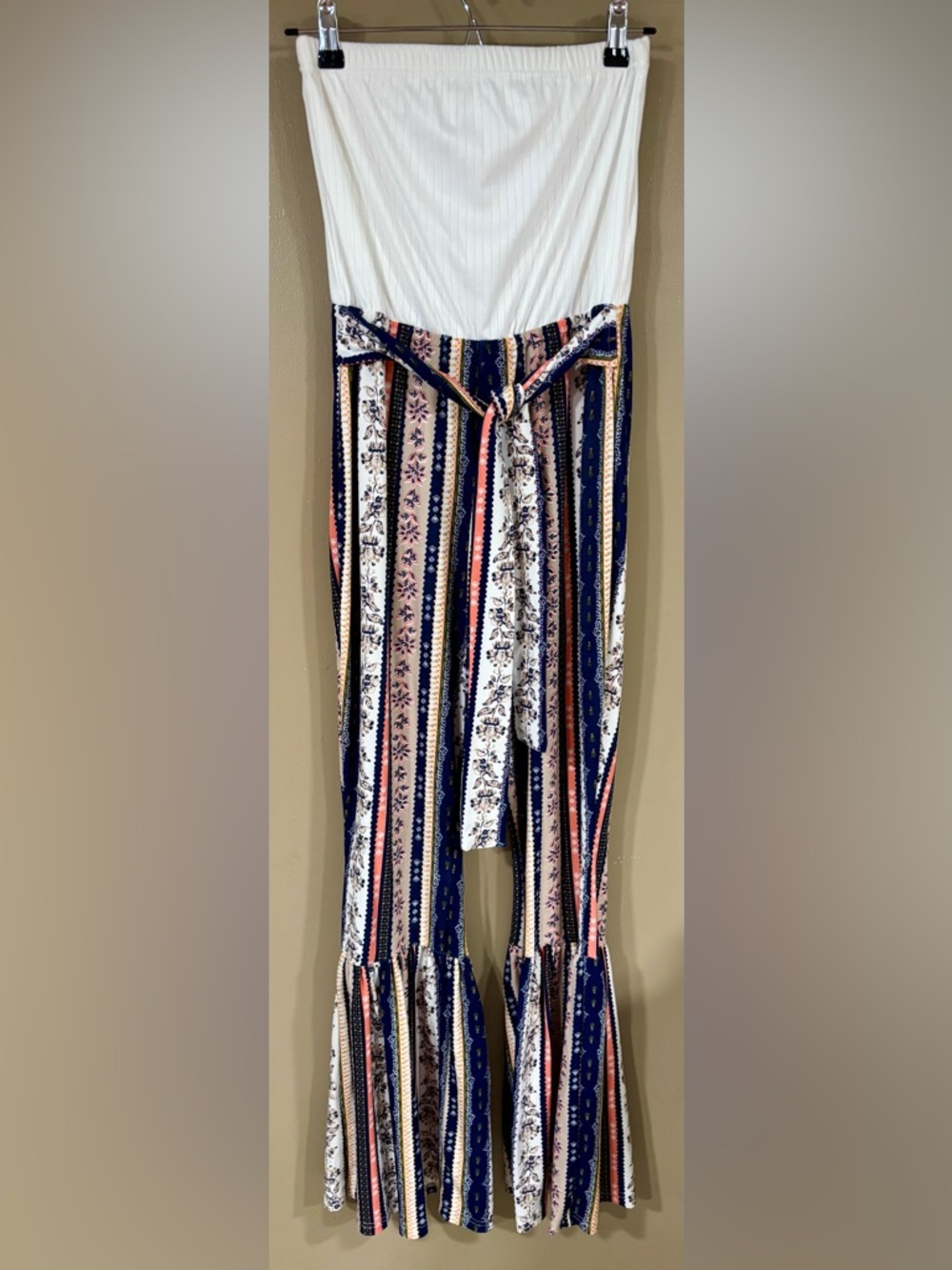 Jolie & Joy Striped Floral Tie-Waist Jumpsuit with Ruffle Hem - White & Navy